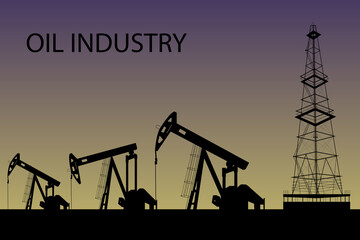 Silhouette of oil or gas drilling rigs on a sunset background. Oil industry. Vector illustration