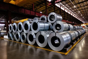 Tuinposter Rolls of galvanized steel sheet inside the factory or warehouse © Mulderphoto