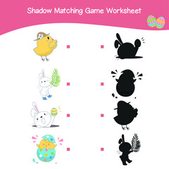 Easter matching shadow game. Matching shadow worksheet. Educational printable worksheet. Colorful printable. Motoric movement. Vector illustration.