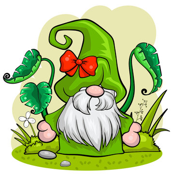 Cute gnome character with eggs for Easter. It's a vector image.