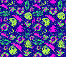 Fototapeta na wymiar Seamless contemporary tropical surface pattern design. Bright colorful neon modern art design with palm leaves, monstera, hibiscus for paper, fabric, textiles, interior decor.