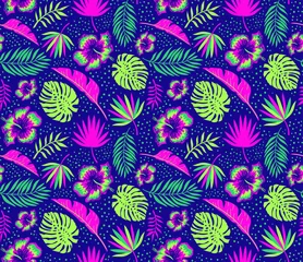Fotobehang Tropische Bladeren Seamless contemporary tropical surface pattern design. Bright colorful neon modern art design with palm leaves, monstera, hibiscus for paper, fabric, textiles, interior decor.  © Adele