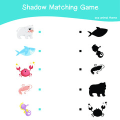 Sea animals matching shadow game for Preschool Children. Educational printable worksheet. Matching the images with the shadow worksheet. Motoric movements.