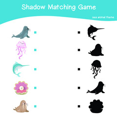 Sea animals matching shadow game for Preschool Children. Educational printable worksheet. Matching the images with the shadow worksheet. Motoric movements.