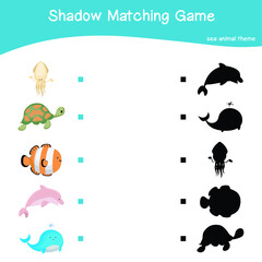 Sea animals matching shadow game for Preschool Children. Educational printable worksheet. Matching the images with the shadow worksheet. Motoric movements.