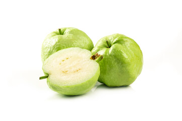 Guava fruits with in half on white background.