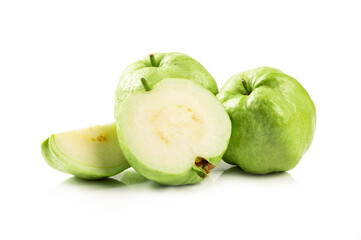 Guava fruits with in half and sliced on white background.