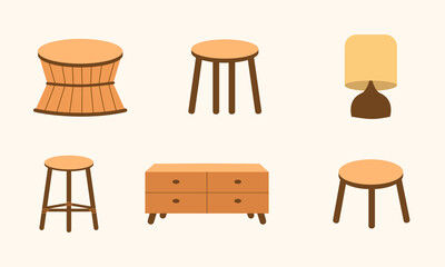 vintage furniture in boho design style. Bohemian aesthetic illustrations for design elements. flat design hand drawn tables, chairs, lamps etc.