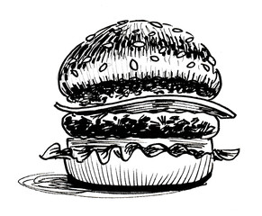 Big Cheeseburger. Ink black and white drawing