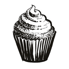 Ink black and white drawing of a muffin cake