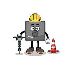Character cartoon of keyboard control button working on road construction