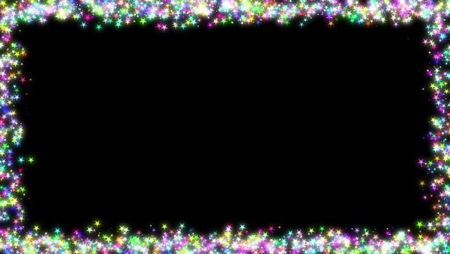 Colorful rectangular frame with light effect of small star shape gathered on black background with copy space. Video animated background.