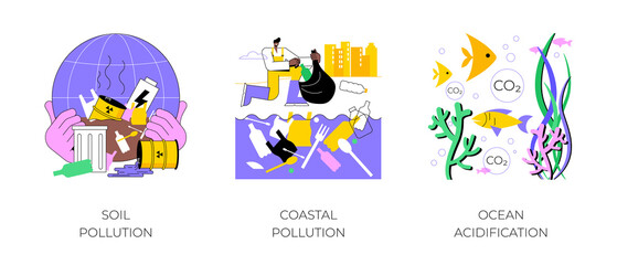 Environmental change abstract concept vector illustration set. Soil and coastal plastic pollution, ocean acidification, agricultural chemicals, water contamination, microplastic abstract metaphor.