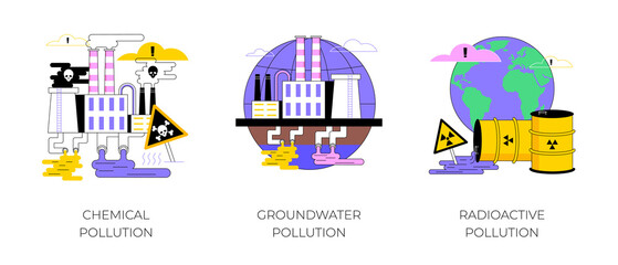 Land contamination abstract concept vector illustration set. Chemical groundwater pollution, radioactive hazardous waste, dangerous and toxic trash, environmental problem abstract metaphor.