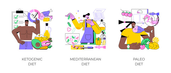 Weight loss nutrition plan abstract concept vector illustration set. Ketogenic, mediterranean and paleo diet, healthy lifestyle, organic food, fresh vegetable, low carb food abstract metaphor.