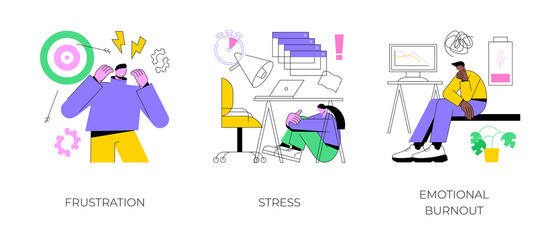 Mental disorder abstract concept vector illustration set. Frustration and stress, emotional burnout, anger control, overworking, psychological help, depression diagnosis abstract metaphor.