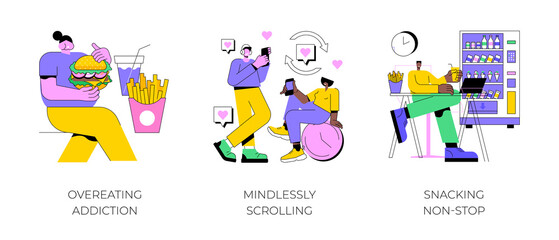 Addictive habits abstract concept vector illustration set. Overeating, mindlessly scrolling, snacking non-stop, mental problem, sugar and junk food, diet and nutrition, social media abstract metaphor.