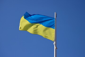 Ukraine flag waving in strong wind on a sunny summer day