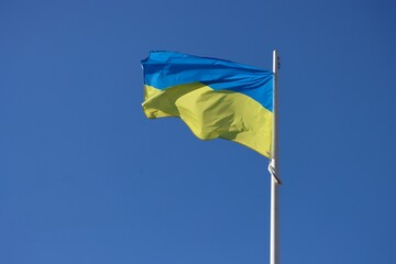 Ukraine flag waving in strong wind on a sunny summer day
