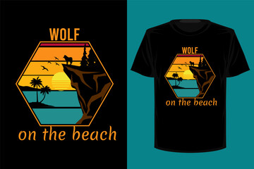 T shirt wolf on the beach retro vintage vector illustration