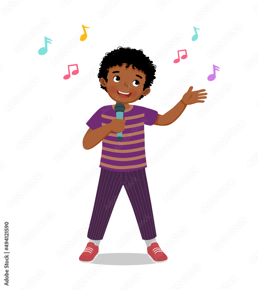 Poster cute little African boy singing a song with microphone