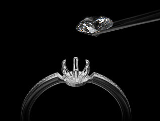 White gold or silver ring without gemstone and Excellent cut diamonds held by tweezers on a black background. 3d render