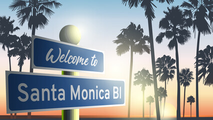 Summer sunset beach. Palm tree silhouette. Santa Monica Bl, Hollywood, Los Angeles, California. Design of social media, banner, poster, newsletter, advertisement, leaflet, placard, brochure, wallpaper