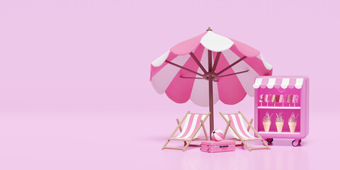 summer travel with ice cream showcases, freezer, suitcase, beach chair, umbrella, ball isolated on pink background. concept 3d illustration, 3d render