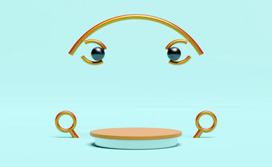 Orange podium empty with face shape, geometric shapes in blue composition for modern stage display and minimalist mockup, abstract showcase background. Concept 3d illustration or 3d render