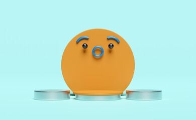 Orange podium empty with face shape, geometric shapes in blue composition for modern stage display and minimalist mockup, abstract showcase background. Concept 3d illustration or 3d render
