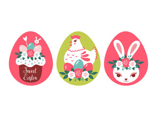 Easter eggs. Vector illustration for cards, posters, decoration. Cake, chicken, bunny, flowers. Spring season decor