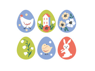 Easter eggs. Vector illustration for cards, posters, decoration. House, chicken, chick, bunny, flowers. Spring season decor