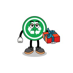 recycle sign mascot illustration giving a gift