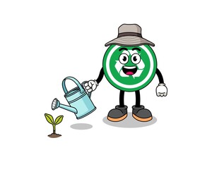 Illustration of recycle sign cartoon watering the plant