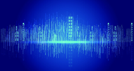 Virtual particle digital city skyline on dark blue background