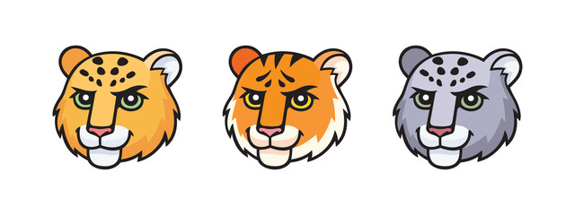 Snow leopard, irbis, leopard, tiger heads set. Vector cartoon comic doodle illustration, mascot, character, icon, logo of leopard animal face. Symbol of Kazakhstan