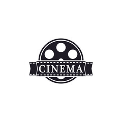 Fototapeta premium Cinema Film Icon. Film reel stripes, filmstrip roll tapes. Movie cinema video studio production logo design template element