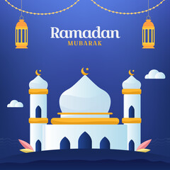 Naklejka premium Ramadan Mubarak, which means Welcome to Ramadan. Islamic Design Template to celebrate the month of Ramadan