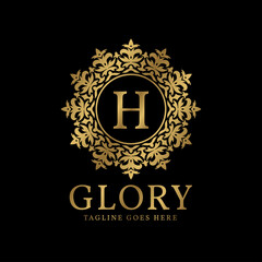 letter H glory crest luxury circular plants vintage vector logo design