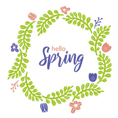 Hello Spring frame with flowers, sprouts, leaves. Vector hand drawn illustration isolated on white background for poster, flyer, invitation, card design.