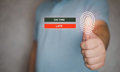 Man use a fingerprint for scan to check in with on time or late. HR concept