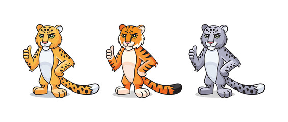 Tiger, leopard, snow leopard character is showing thumb up, appreciate. Vector cartoon comic doodle illustration, mascot, character, icon, logo. Panteras set © Kate Artery19