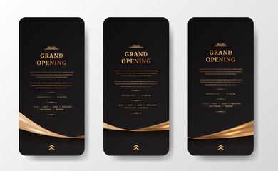 social media stories for grand opening layout announcement with shiny glossy golden satin silk decoration with black background