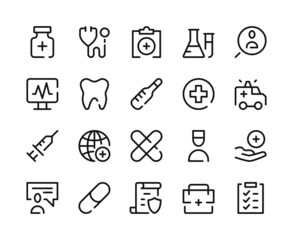 Healthcare icons. Vector line icons set. Medicine, health, medical concepts. Outline symbols, linear graphic elements. Modern design