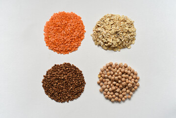 Raw cereals closeup on white background 
