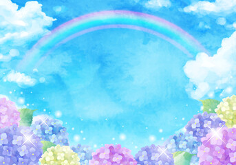 青空と虹とアジサイの梅雨のベクターイラスト背景 水彩 Art Holiday Background Vector Sky Summer Watercolor Hydrangea Rainbow Rain Rainy Season Background Canvas Print Backgrou Honyojima