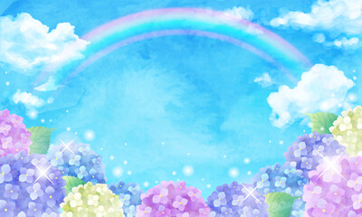 青空と虹とアジサイの梅雨のベクターイラスト背景 水彩 Art Holiday Background Vector Sky Summer Watercolor Hydrangea Rainbow Rain Rainy Season Background Canvas Print Backgrou Honyojima
