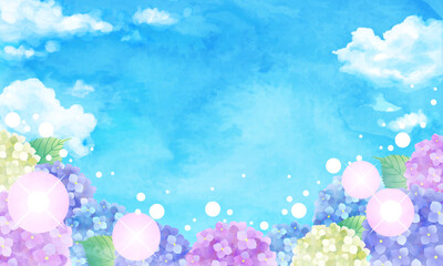 青空と虹とアジサイの梅雨のベクターイラスト背景 水彩 Art Holiday Background Vector Sky Summer Watercolor Hydrangea Rainbow Rain Rainy Season Background Canvas Print Backgrou Honyojima