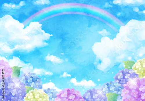 青空と虹とアジサイの梅雨のベクターイラスト背景 水彩 Art Holiday Background Vector Sky Summer Watercolor Hydrangea Rainbow Rain Rainy Season Background Canvas Print Backgrou Honyojima