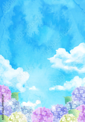 青空と虹とアジサイの梅雨のベクターイラスト背景 水彩 Art Holiday Background Vector Sky Summer Watercolor Hydrangea Rainbow Rain Rainy Season Background Canvas Print Backgrou Honyojima